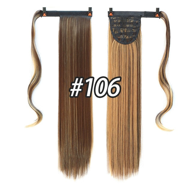 24inches Long Wrap On Synthetic Straight Ponytails for Women Natural Clip In Hair Extension Hairpieces Blonde False Hair