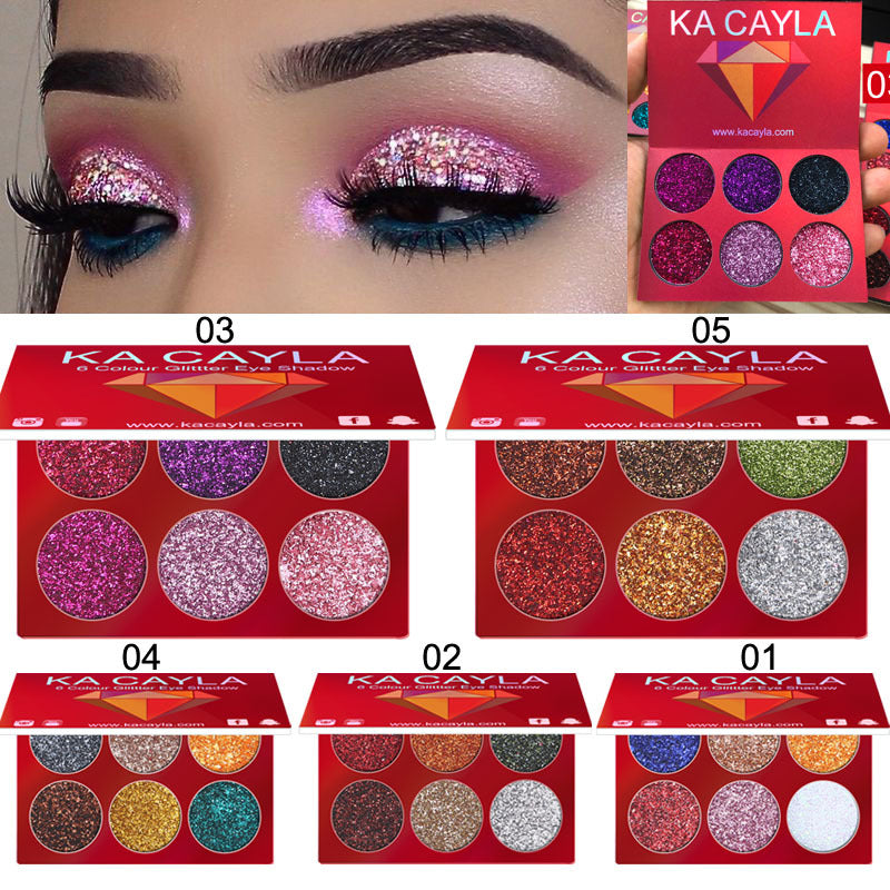 KA CAYLA Professional 6 Colors Glitter Eye Shadow Diamond Sequined Eyeshadow Palette Matt Waterproof Makeup Cosmetic Set TSLM2